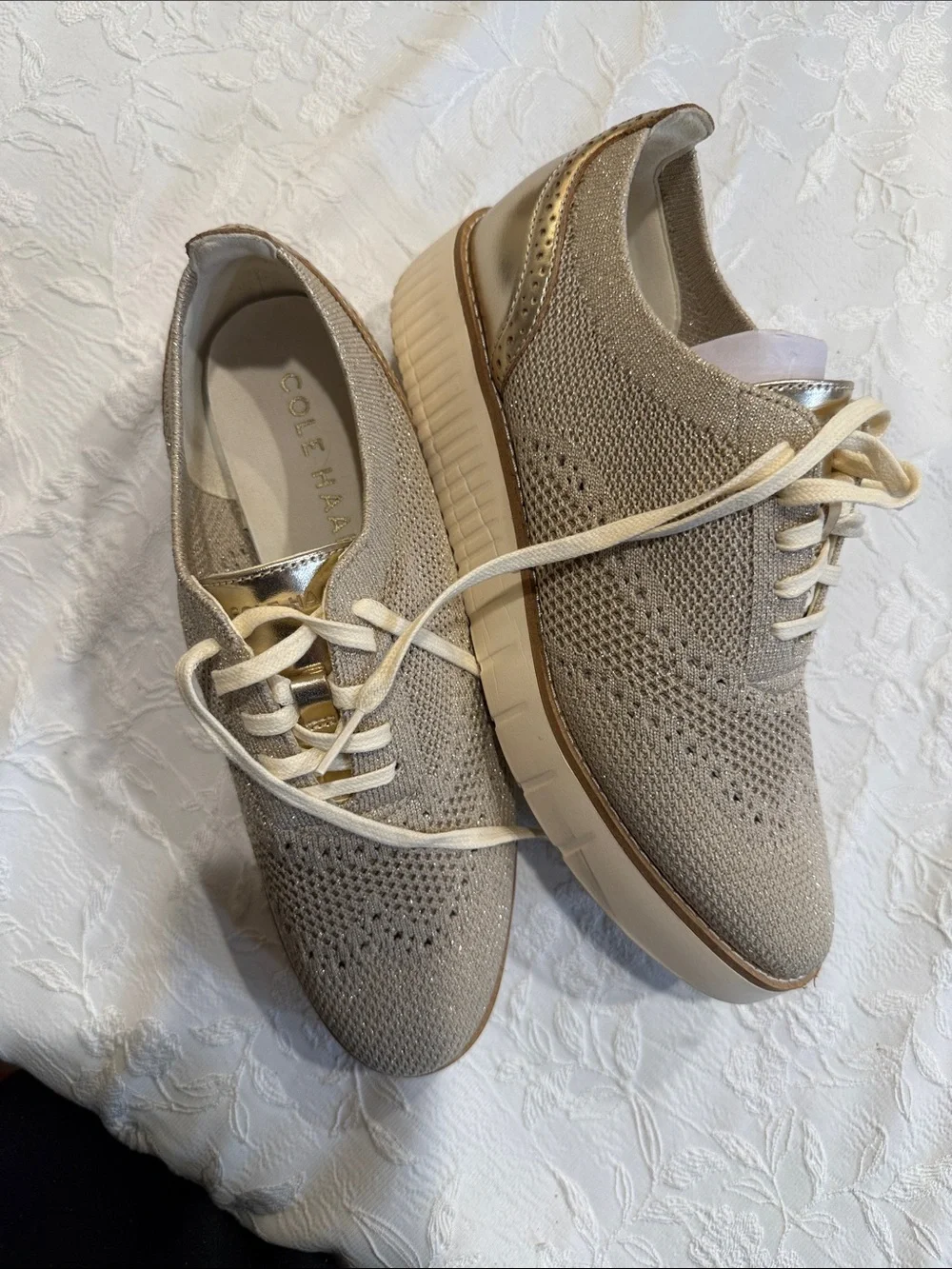 Cole Haan Lace-Up Knit Oxford Boots in Metallic Gold and Cream